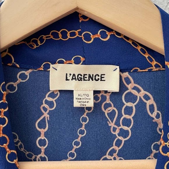 L'agence Cara Silk Wrap Top Blouse Blue Gold Chain Balloon Sleeve Lightweight XL - Picture 15 of 16